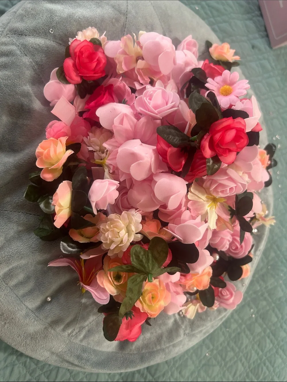 Pink & Red Artificial Flower Bouquet - Mixed Floral Accent- tops only